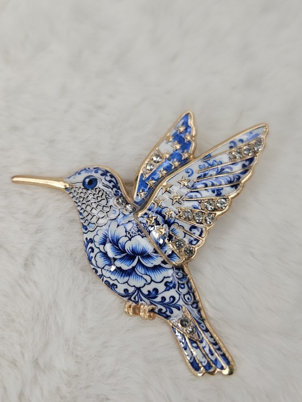 Blue Floral Hummingbird Bird Brooch Pin - Decorative Petal Design